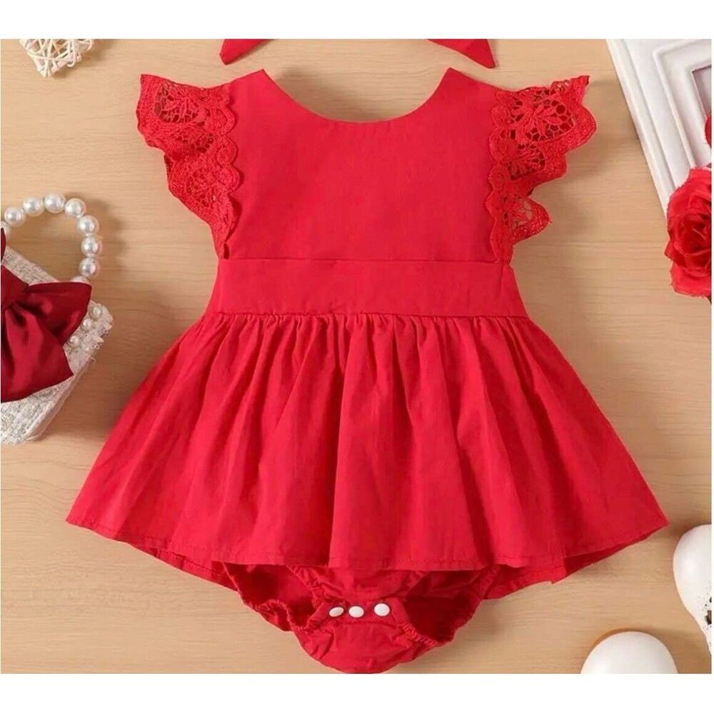 Baby Girl Red Dress Romper with Bow and Lace details 12-18 Months